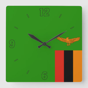 Horloge Carrée Chiffres noirs Zambienne Drapeau Vert Tangerine
