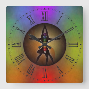 Horloge Carrée Chiffres romains colorés de Chakras Yin Yang de