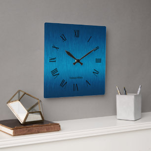 Horloge Carrée Chiffres romains en bleu métallique personnalisés