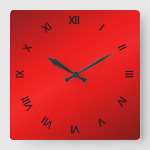 Horloge Carrée Chiffres romains noirs brillance rouge