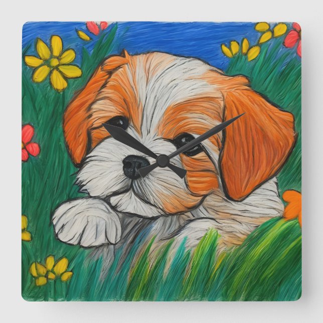 Horloge Carrée Chihtzu chiot crayon look art clock (Recto)