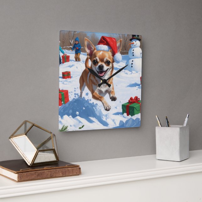 Horloge Carrée Chihuahua coule en neige avec le Casquette de Noël (Bureau)