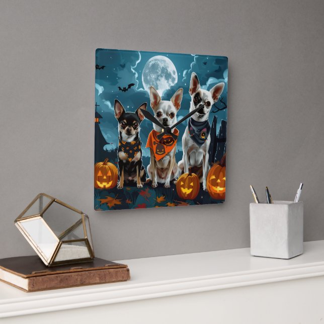 Horloge Carrée Chihuahua Halloween Éffrayant (Bureau)