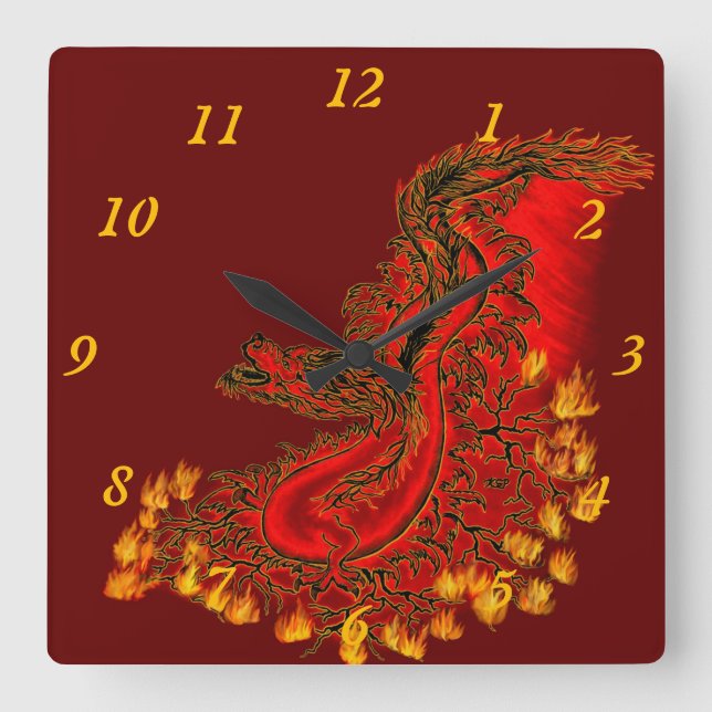 Horloge Carrée Chine Dragon rouge et or (Recto)