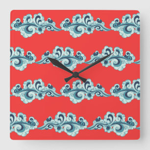 Horloge Carrée Chinois Nouvel An Lunaire Nuages Motif Rouge