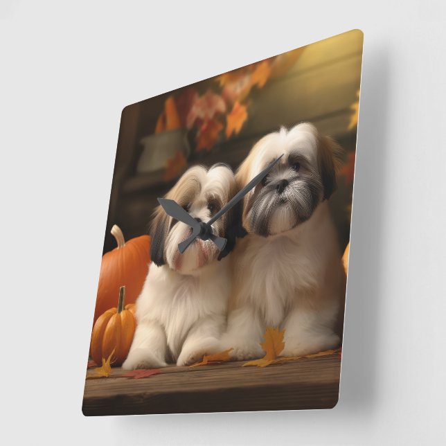 Horloge Carrée Chiot Lhasa Apso Délice d'Automne Citrouille (Angle)