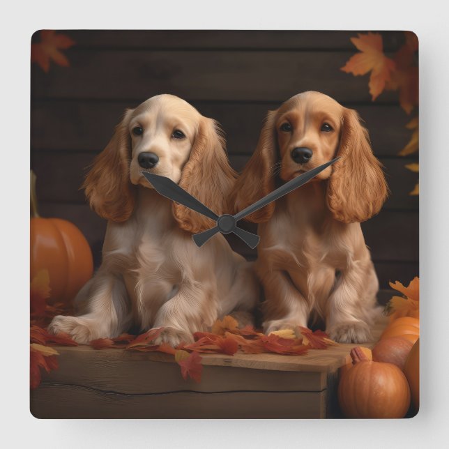 Horloge Carrée Chiots Cocker Spaniel Délice d'Automne Citrouille (Recto)