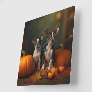 Horloge Carrée Chiots Rat Terrier Délice d'Automne Citrouille