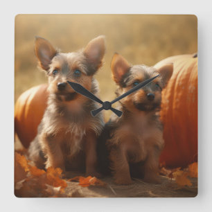 Horloge Carrée Chiots Terrier Australien Délice d'Automne Citroui