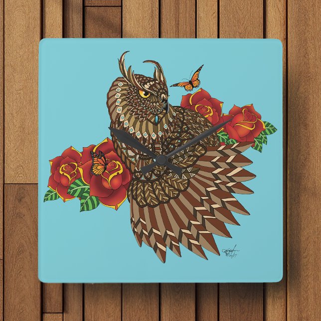 Horloge Carrée Chouette à roses rouges bleu (Créateur téléchargé)