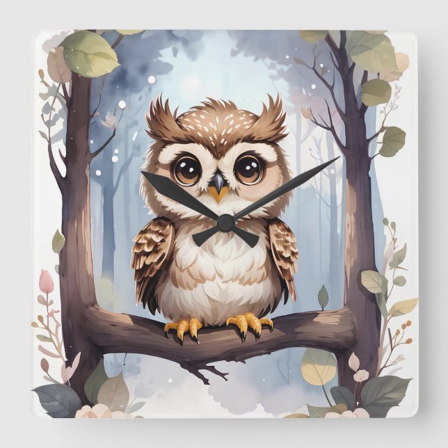 Horloge Carrée Chouette adorable pour bébés (Recto)