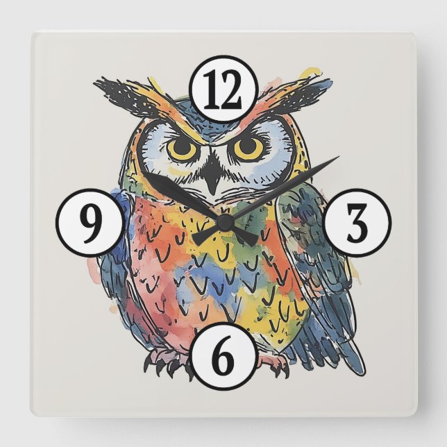 Horloge Carrée Chouette aquarelle colorée (Recto)