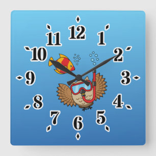 Horloge Carrée Chouette avec masque tuba et poisson tropical