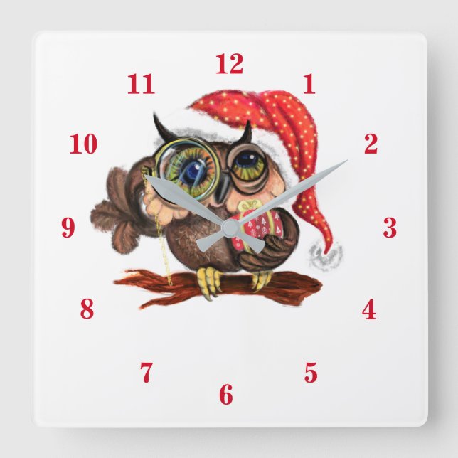 Horloge Carrée Chouette Bébé en Noël Casquette et cadeau - Amusan (Recto)