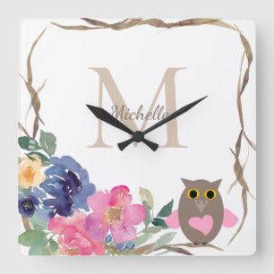 Horloge Carrée Chouette du coeur rose Aquarelle florale Monogramm