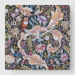 Horloge Carrée Chouette et fleurs, William Morris