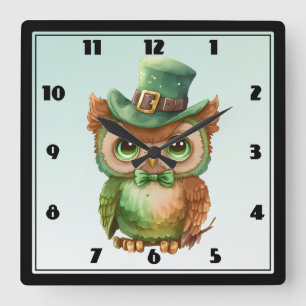 Horloge Carrée Chouette mignonne dans un chapeau vert