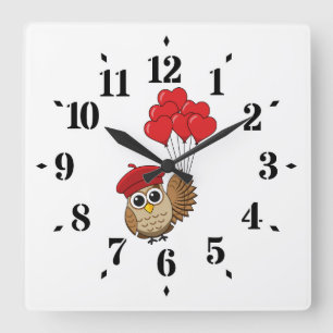 Horloge Carrée Chouette mignonne volant avec des ballons de coeur