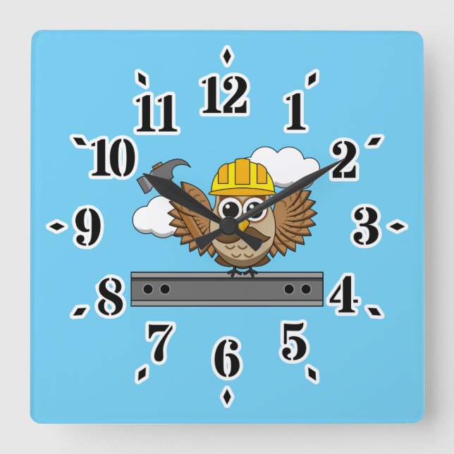 Horloge Carrée Chouette ouvrière de construction mignonne avec de (Recto)