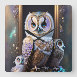 Horloge Carrée Chouettes de régal en lavande pastel