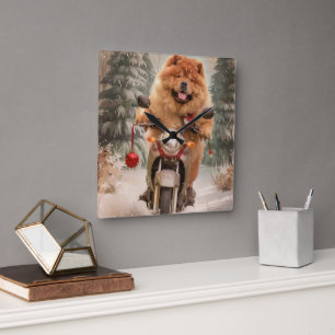 Horloge Carrée Chow Chow Chien chevauchant la moto Noël