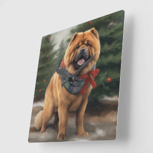 Horloge Carrée Chow Chow Chien de Noël en neige