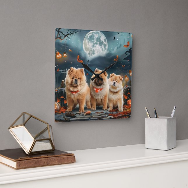 Horloge Carrée Chow Chow Halloween Épouvantable (Bureau)