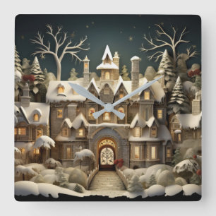 Horloge Carrée Christmas Snowy Manor Storybook Wonderland