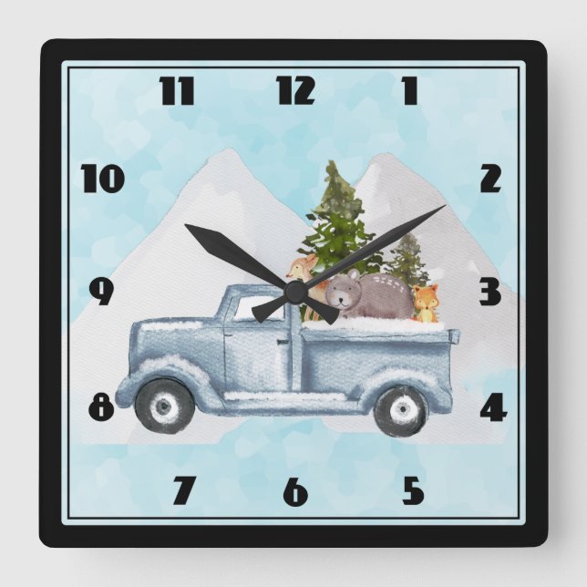 Horloge Carrée Christmas Truck Carrying Trees & Animals (Recto)