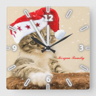 Horloge Carrée Christmas, Whimsical Cat Whit Santa Hat