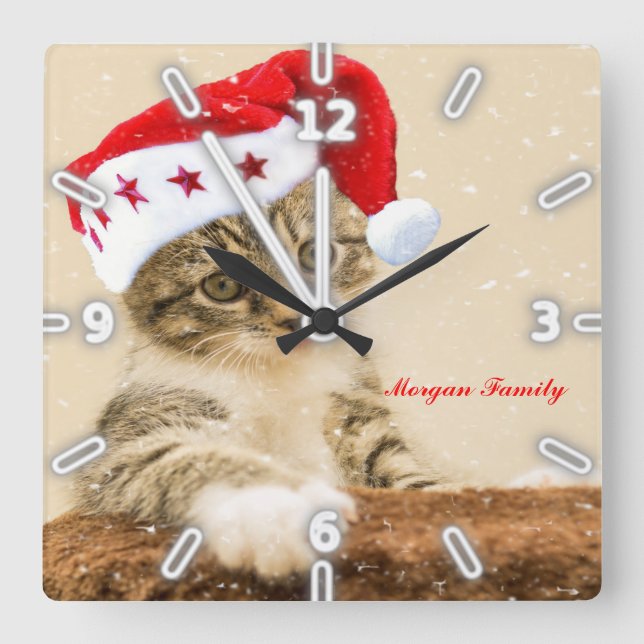 Horloge Carrée Christmas, Whimsical Cat Whit Santa Hat (Recto)