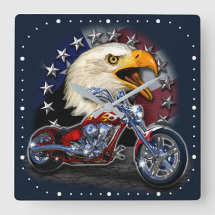 Horloge Carrée Chrome Cycle Chopper Patriotic Eagle USA Flag