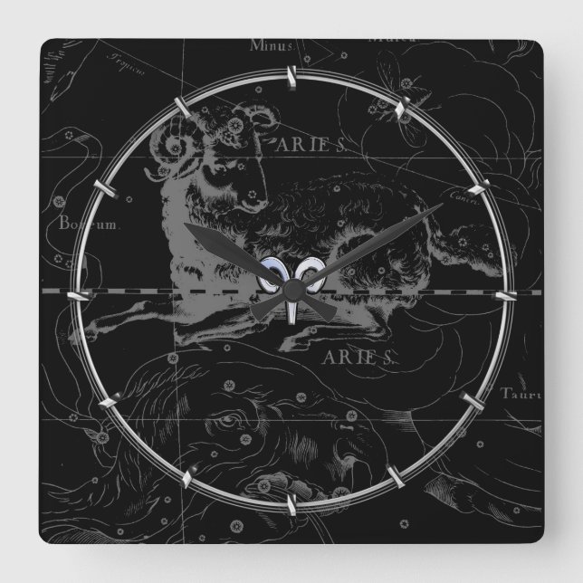 Horloge Carrée Chrome like Aries Zodiac Sign on Hevelius Black (Recto)