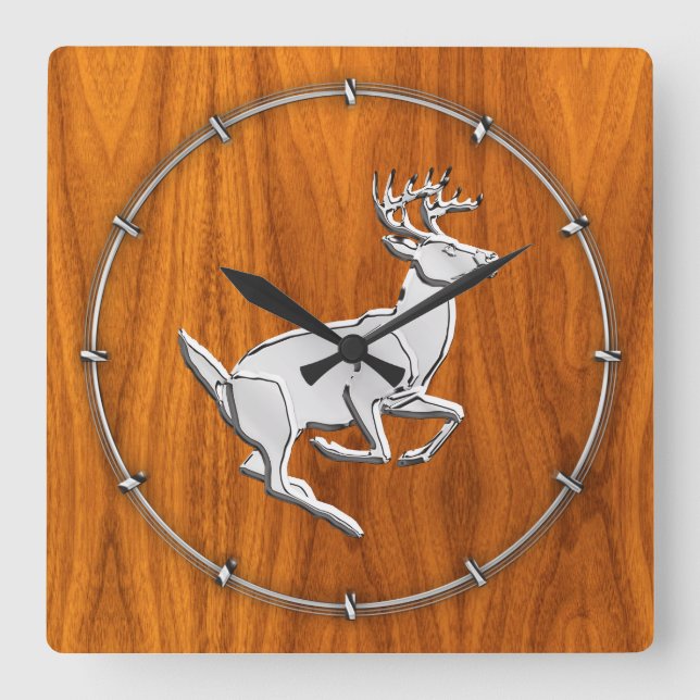 Horloge Carrée Chrome Like Running Deer on Fine Teak (Recto)