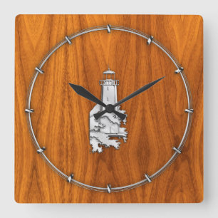 Horloge Carrée Chrome Style Lighthouse on Teak Wood Decor