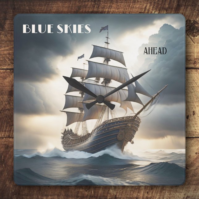 Horloge Carrée Ciel bleu devant le voilier antique (Classic design wall clock featuring a vintage clipper on a stormy ocean)