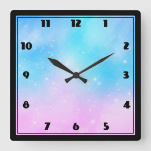 Horloge Carrée Ciel dégradé rose et bleu pastel