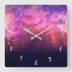 Horloge Carrée Ciel étoilé rose violet cosmique galaxie feu lueur