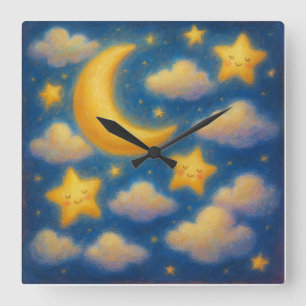 Horloge Carrée Ciel nocturne rêveur et mignon - Style de peinture