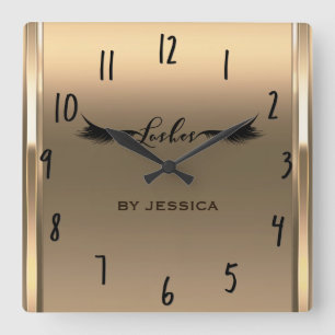 Horloge Carrée Cils Personnalisés Salon Golden Shine Ivory