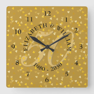 Horloge Carrée cinquantième Confettis de coeurs d'or