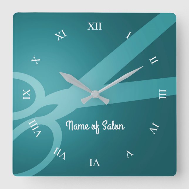 Horloge Carrée Ciseaux | Cyan | Salon des cheveux (Recto)
