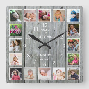 Horloge Carrée Citation Collage de 16 photos personnalisée Gray 