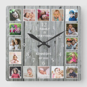 Horloge Carrée Citation Collage de 16 photos personnalisée Gray W