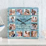 Horloge Carrée Citation de famille Collage photo Bois bleu rustiq<br><div class="desc">Créez facilement votre propre horloge murale personnalisée en bois flotté bleu rustique planches de lac style maison avec vos photos personnalisées. Le design comporte également une belle citation manuscrite : "Ensemble nous avons tout". Pour obtenir de meilleurs résultats, recadrez les images vers le carré - avec le point de mire...</div>