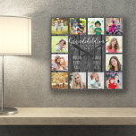 Horloge Carrée Citation des petits enfants 12 Photo Grey Wood<br><div class="desc">Horloge photo pour grands-parents avec 12 de vos photos préférées. Créez votre propre collage photo de style grille et ajoutez les noms des petits-enfants (2 à 8 noms semble mieux). Le texte dit : "Petits-enfants remplissez une place dans votre coeur que vous ne saviez pas vide" à la main lettrée...</div>