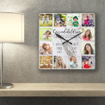 Horloge Carrée Citation des petits enfants 12 Photo Marbre gris p<br><div class="desc">Horloge photo pour grands-parents avec 12 de vos photos préférées. Créez votre propre collage photo de style grille et ajoutez les noms des petits-enfants (2 à 8 noms semble mieux). Le texte dit : "Petits-enfants remplissez un endroit dans votre coeur que vous ne saviez pas vide" à la main lettré...</div>