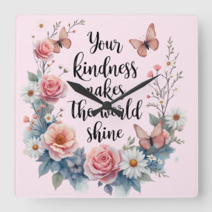 Horloge Carrée Citation florale inspirante avec papillons
