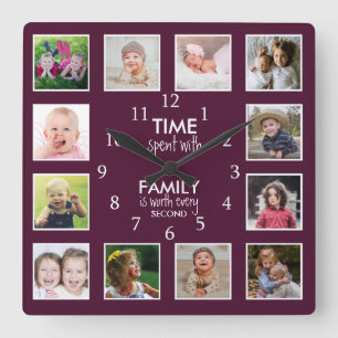 Horloge Carrée Citation Temps Pourpre avec Famille Photo 12 