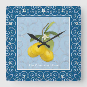 Horloge Carrée Citrons sur la branche de l'arbre avec les noms de